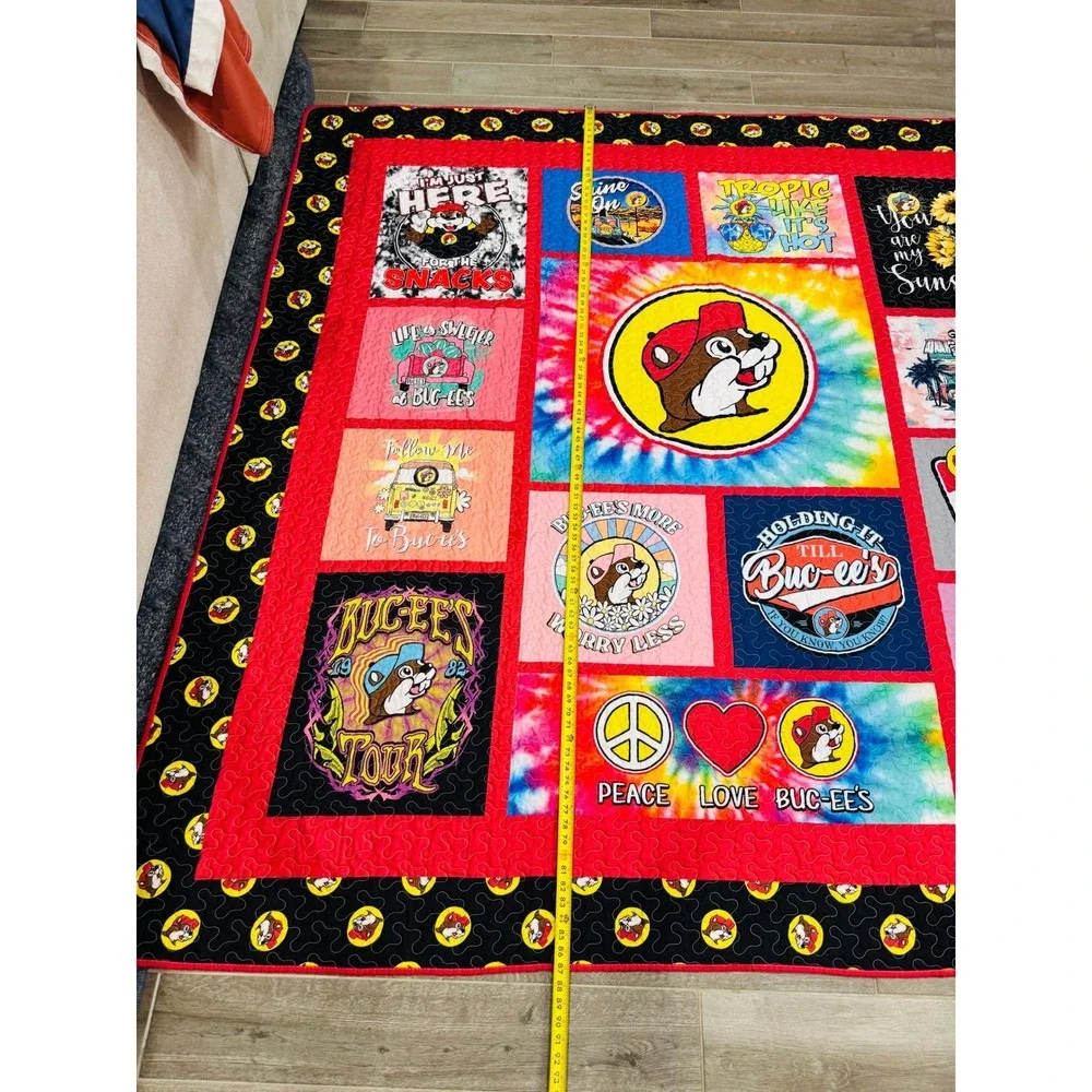 Buc-ees Quilt Throw Blanket Large Red Multi Tie Dye Patchwork Graphic 87x87